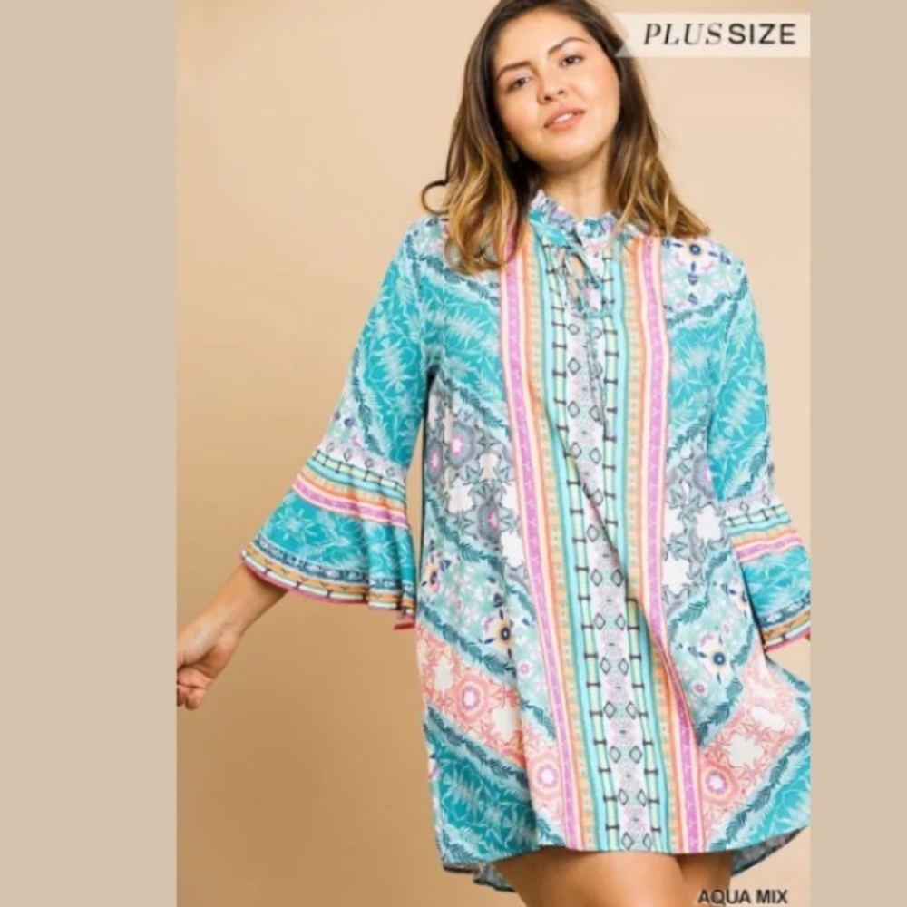 Aqua Bell Sleeve Boho Dress Plus Size New